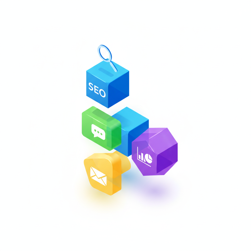 An abstract, isometric illustration of a dynamic digital marketing strategy, with interlocking, semi-transparent colored blocks representing SEO, social media, email, and analytics. Each block is adorned with minimalist icons—magnifying glass for SEO, chat bubble for social, envelope for email—floating above a white, slightly textured background. Cool, diffused lighting creates a subtle gradient effect across the scene, producing soft highlights and delicate 3D shadows between the blocks. The composition is top-down and perfectly balanced, conveying an innovative, organized, and results-driven atmosphere. The style is clean, geometric, and vibrant, tailored to a modern digital marketing portfolio.