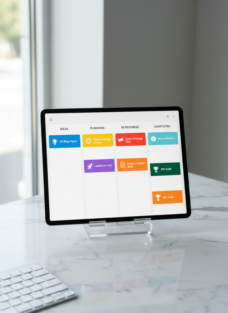 An organized Trello-style digital project board displayed on a high-resolution computer tablet, featuring multiple color-coded campaign cards with minimalist icons and sharp labels. The tablet sits neatly on a contemporary acrylic stand on a pristine marble countertop, with the corner of a stylish wireless keyboard visible. Cool, balanced daylight from a nearby window creates soft, balanced illumination and faint reflections. The composition is head-on, eye-level for a direct, inviting look, with sharp detail throughout. The artistic style is crisp, modern, and uncluttered—aligning with the transparent, systematic nature of expert digital marketing project management.