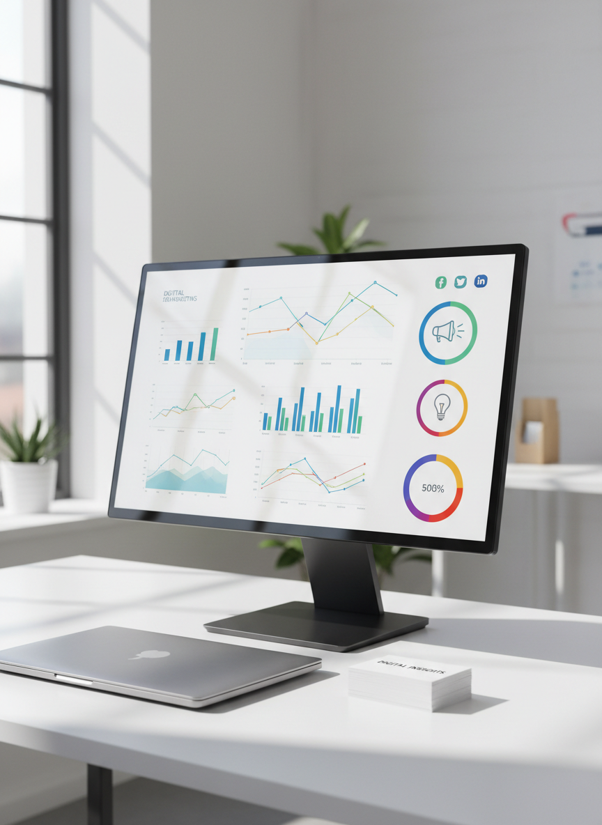 A sleek, modern desktop computer monitor glowing with an analytics dashboard, filled with crisp graphs, colorful performance metrics, and digital marketing icons. The monitor stands on a matte white desk, accompanied by a closed silver laptop and a few neatly stacked business cards with bold, clean typography. Soft natural daylight pours through a large window, catching subtle reflections on the screen and desk, with gentle, ambient highlights adding depth. The background features a blurred, minimal workspace. Captured from an eye-level, slightly off-center angle with the rule of thirds composition, the image is sharp and clean throughout, emphasizing a vibrant, data-driven digital marketing environment with a contemporary, minimalist aesthetic.