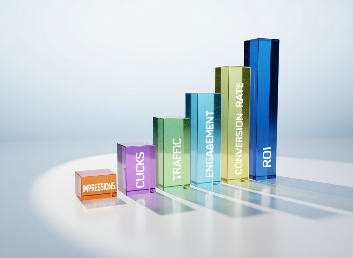 A stylized 3D bar graph constructed from translucent acrylic with color-coded, upward-trending bars, each labeled with digital marketing KPIs like ROI and Conversion Rate. The graph stands against a soft gradient backdrop shifting from white to pale blue, giving an airy, open feel. Focused spotlighting from the side produces striking shadows and radiant highlights on the acrylic edges, enhancing dimensionality. Captured from a low, angled perspective, the image has dynamic lines leading the eye upward, imparting a sense of growth and achievement. The visual style is ultra-modern, sharp, and vibrant, perfectly conveying analytic success within digital marketing.